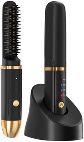 Cordless Hair Straightener Brush, Portable Straightener Brush, Negative Ion Mini Hot Straightening Comb for Women, Auto Power Off, Travel Straightener with Dock, Fast Charger, Anti-Scald (Black)