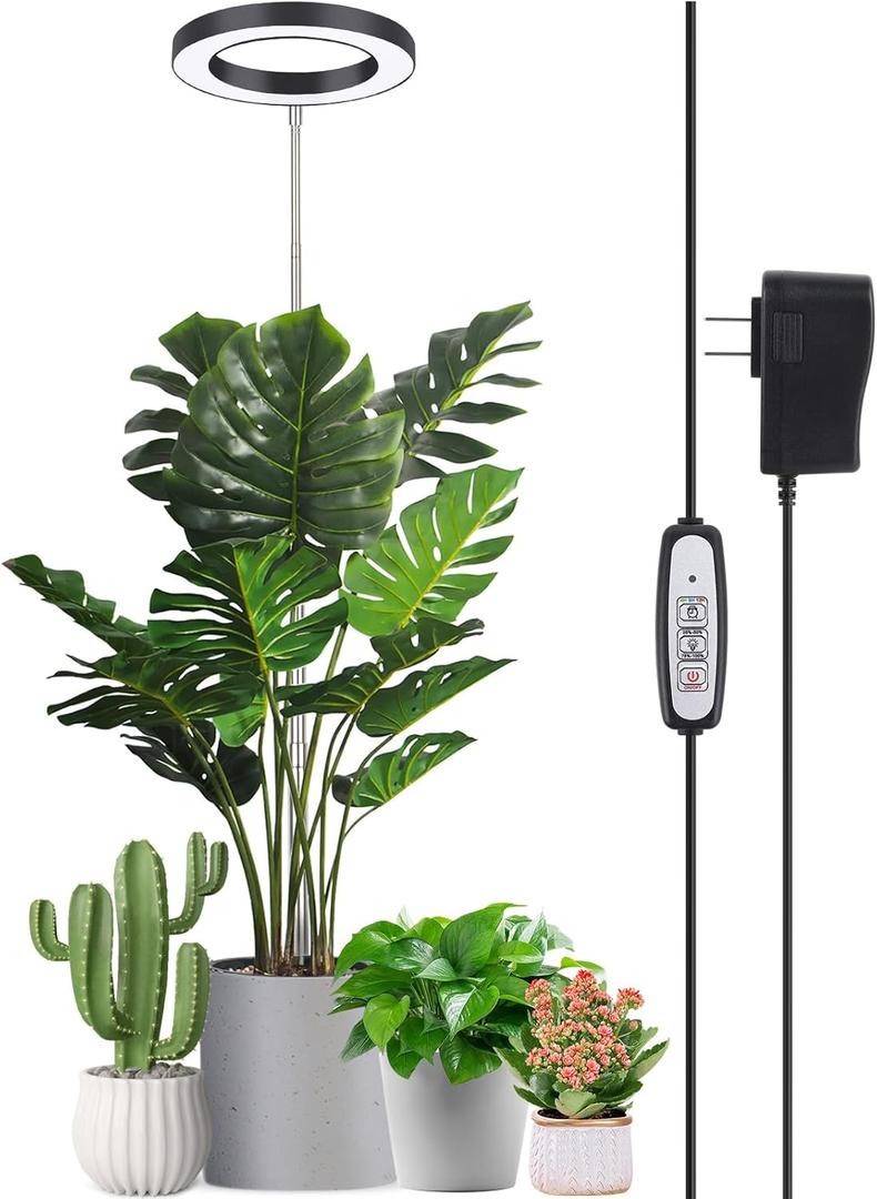 LORDEM Black Full Spectrum LED Grow Light, 72 LEDs, 4 Brightness Settings, Auto On/Off Timer, Height Adjustable, Ideal for Large Plants (1 Pack)