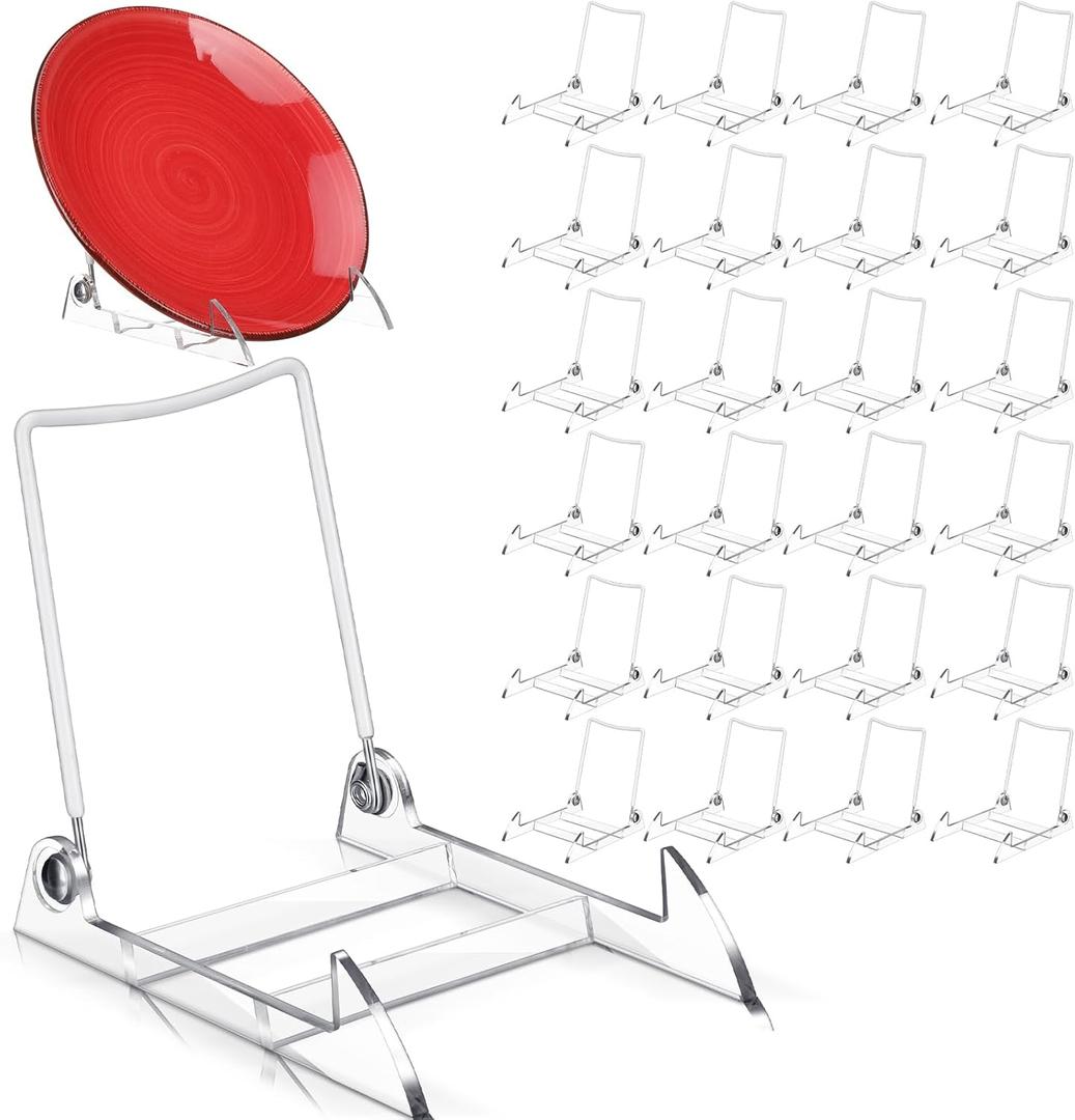 DoubleFill 12 Pcs Acrylic Plate Stand Adjustable White Wire and Clear Acrylic Display Easel 4. 75" H x 3. 8" W X5. 3" D Holder Stand for Display Plates and Pictures