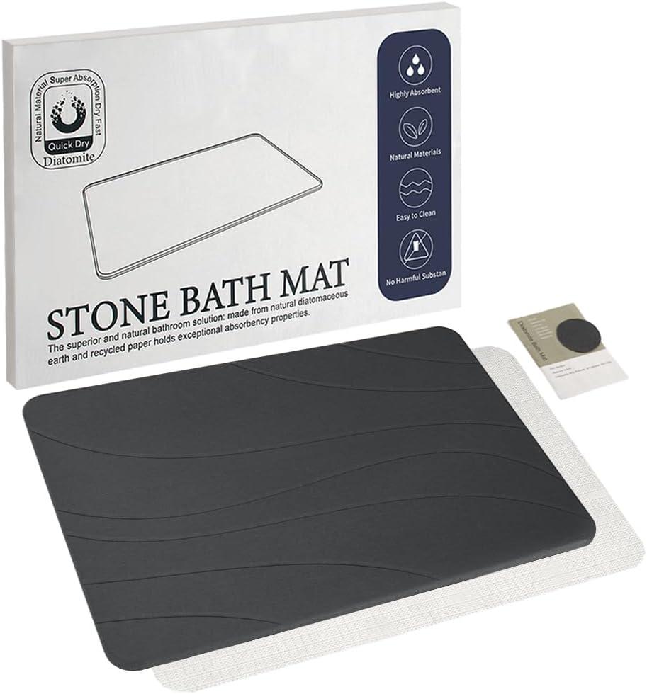 Stone Bath Mat, Quick Drying Bath Mat for Bathroom, Diatomaceous Earth Mat, Quick Dry Shower Mat, Fast Absorbent, Elegant Design, Easy to Clean - Black 23.615.35