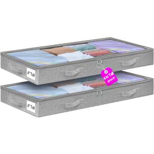 punemi 4 inches Under Bed Storage Containers, Low Profile Underbed Storage, NO STRUCTURE, Soft Foldable Underbed Cloth Storage Bags, Zipper Blanket Storage Container, 2Pack, Grey, 20x40x3.7in