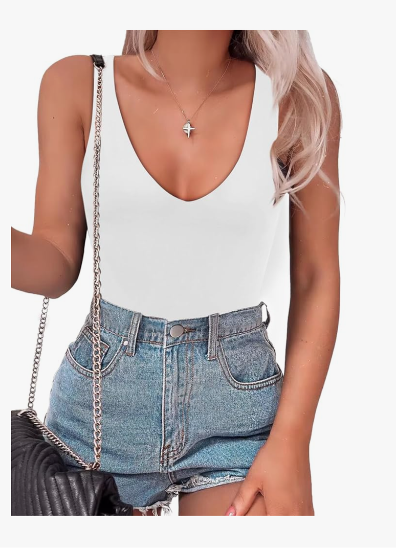 SAUNGKUAI Women’s Bodysuit Sexy Plunge Deep V Neck Backless Sleeveless Tank Thong Body Suits Outfits for Going Out, Size:L