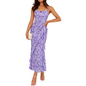 ZESICA Women's Summer Floral Sleeveless Bodycon Dress 2026 Square Neck Ruched Wedding Guest Party Maxi Dresses, Purple, Medium