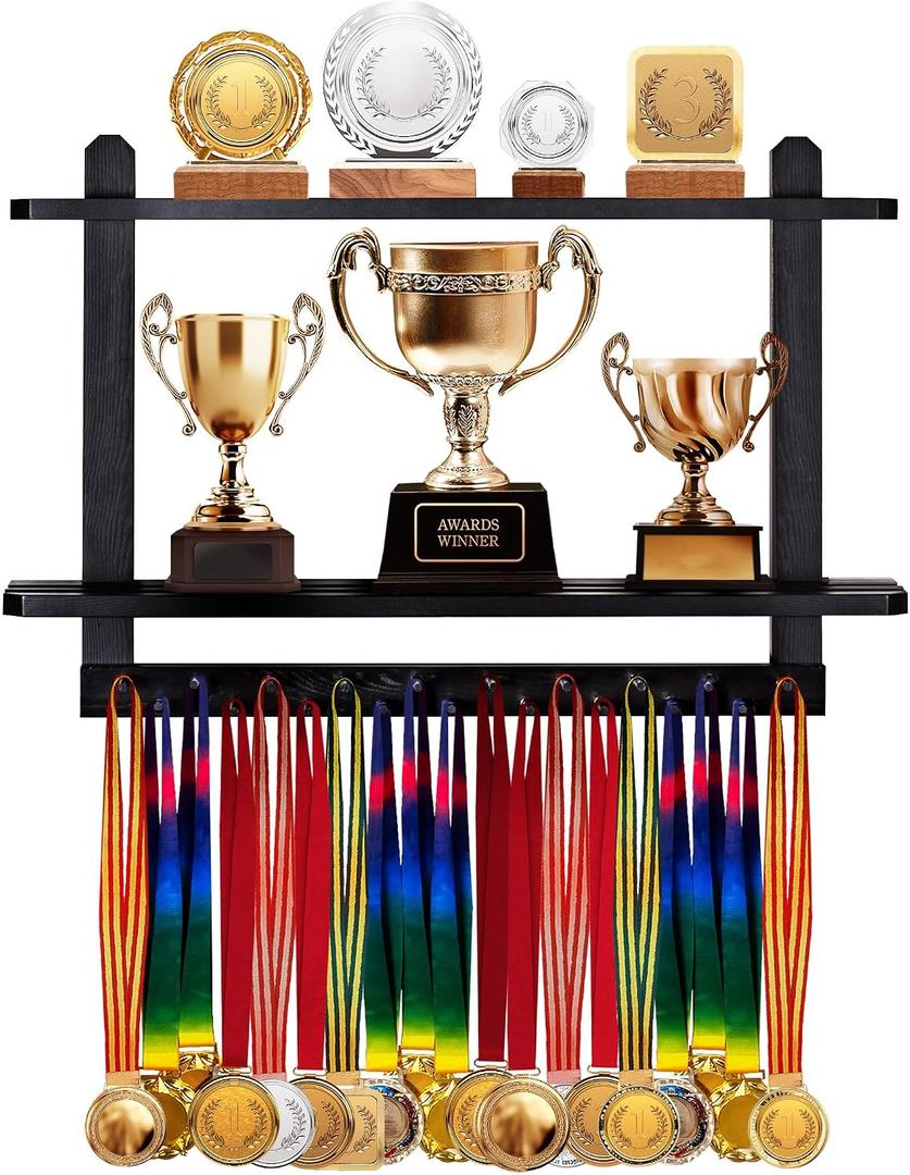 LAVIEVERT Wooden Medal Hanger & Trophy Shelf, Wall-Mounted Race Display with 2 Tier Storage Shelf and 19 Hanging Bars