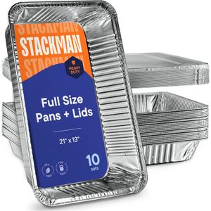 Stack Man 10-Pack Large Aluminum Steam Pans with Lids - 21x13, Heavy Duty for Roasting, Cooking, Warming Food,Silver