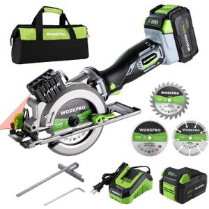 WORKPRO 20V Cordless Mini Circular Saw, 4-1/2" Compact Wireless Circular Saw 4.0Ah Battery, Fast Charger, 3 Blades, 4500RPM, Laser Guide, Max Cutting Depth 1-11/16"(90), 1-1/8"(45)
