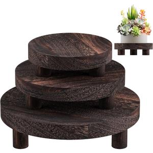 3 Pcs Wood Plant Stand Indoor Outdoor, Round Wood Riser for Decor 6/8/10" Wooden Stool Display Stand Flower Pot Holder Small Planter Tray Modern Potter Decorative for Desktop Counter Room (Rustic Brown)