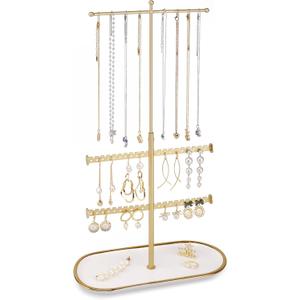 Jenseits Gold Jewelry Organizer Stand with Ceramic Tray  Cute Jewelry Holder for Necklaces, Earrings, Rings & Bracelets, Decorative Jewelry Display for Vanity Dresser, Great Gift for Women & Girls