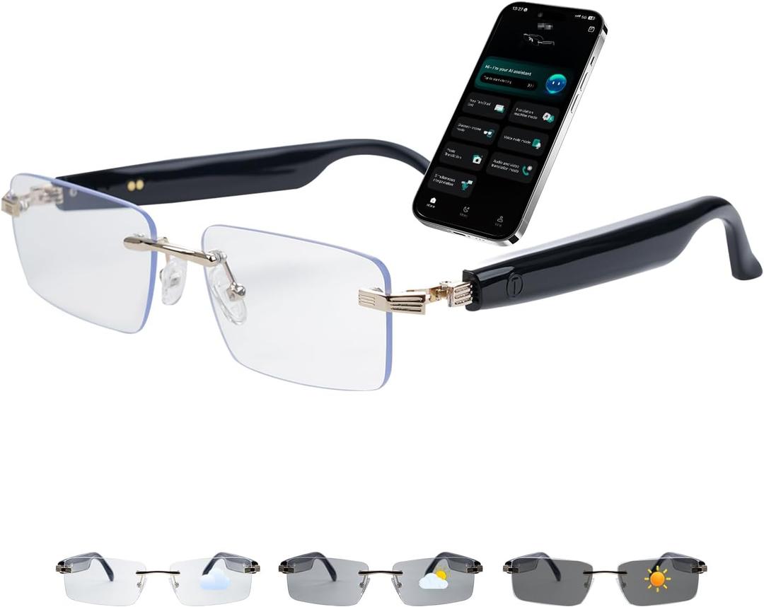 AI Smart Glasses for Men & Women，Spring-hinged Bluetooth 6.0 Smart Glasses with 164 Languages (Real-Time Translation), Photochromic Lens，Free App，Rimless AI Translator Glasses for Work/Travel (Black