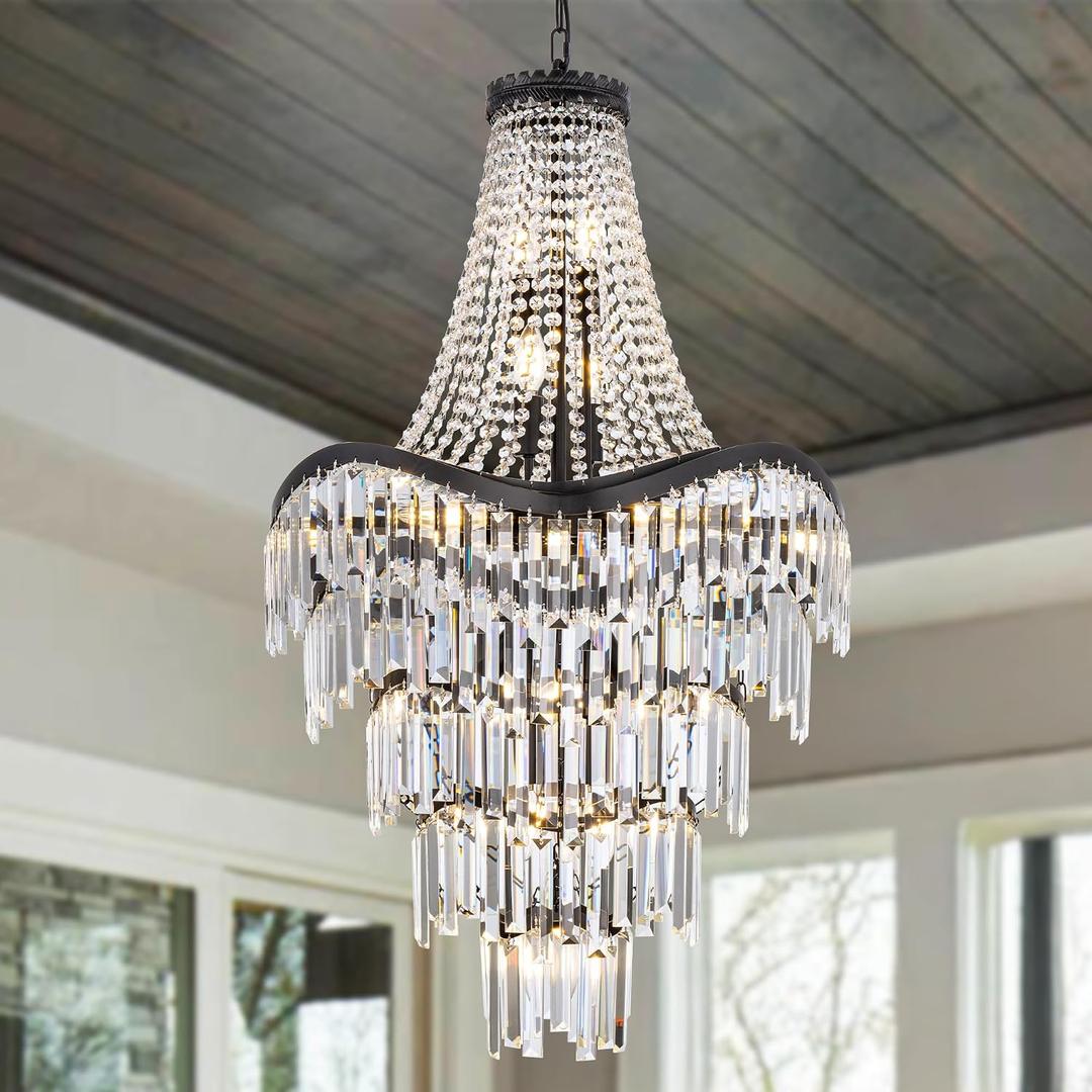 Wellmet Black Modern French Empire Crystal Chandelier, Luxury Crystal Chandelier, 15-Light French Pendant Light, for Living Room, Entryway, Dining Room, Foyer, Bedroom, 23.23"L x 23.23"W x 45.98"H