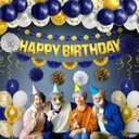 KatchOn, Gold and Blue Birthday Decorations Set - Big, Pack of 47 | Happy Birthday Banner, Balloons, Pom Poms, Swirls | Happy Birthday Decorations | Blue and Gold Party Decorations