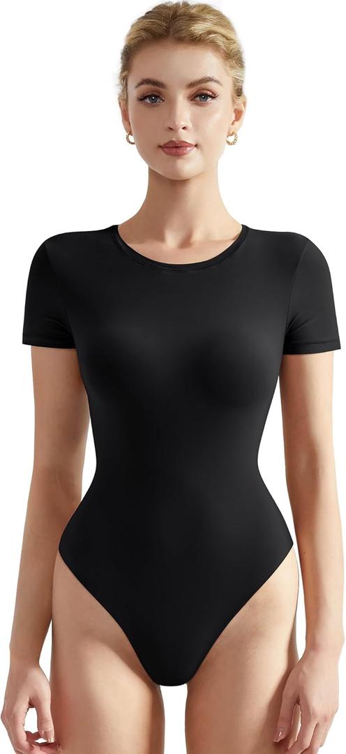 SUUKSESS Women Crew Neck Short Sleeve Thong Bodysuit Shirts Basic Top (Medium, 01 Black)