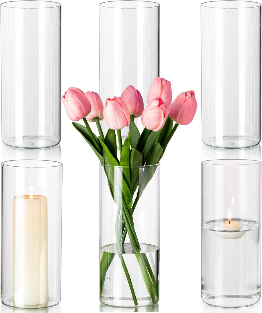 Hewory Glass Cylinder Vases Set of 4, Hurricane Candle Holders for Pillar or Floating Candles, Tall Clear Vase for Centerpieces, Round Vases for Wedding Anniversary Events Home Table Decor, 7.9in (D3.3" x H7.9")