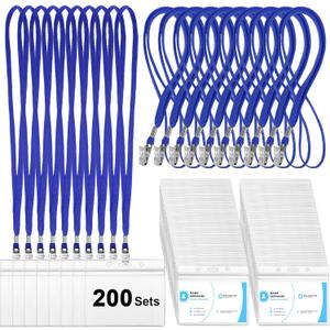 Marspark 200 Sets Clear Name Tags with Lanyard, Lanyards for ID Badges Reusable Strap with ID Holder Plastic Name Badges for Adults Business School Church Conference (Blue)
