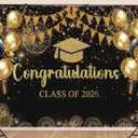 Class of 2026 Graduation Backdrop, Black and Gold Congratulations Party Background, Grad Prom Celebration Balloons and Streamers Decorations Banner Photo Booth Props 7X5ft Fabric