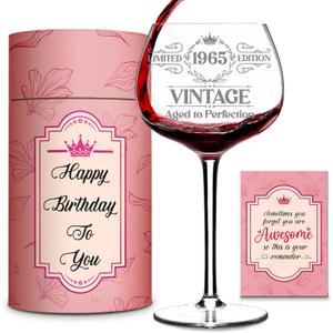 Vintage 1965 Engraved Wine Glass - 60th Birthday Gifts for Women - Sixty Ideas for Her - 60 Year Old Lady Present - Happy 1965 Woman Gift - Turning 60 Cup for Wife, Sister, Daughter, Ladies