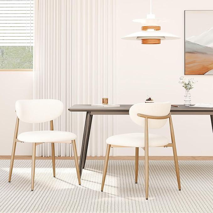 Dining Chairs Set of 2, Upholstered Dining Room Chairs with Metal Legs and Anti Slip Pads, Curved Back Kitchen Chair for Home and Restaurant Use, Beige