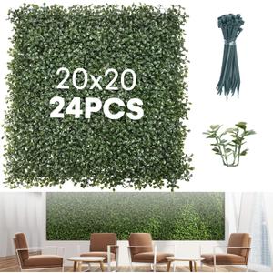 Grass Wall Panels 20″ × 20″ (24 Pack) – UV-Protected Artificial Boxwood Hedge Greenery Backdrop Covers 66 sq ft, Indoor/Outdoor Privacy Fence Screen, Zip Ties & Spare Leaves Included