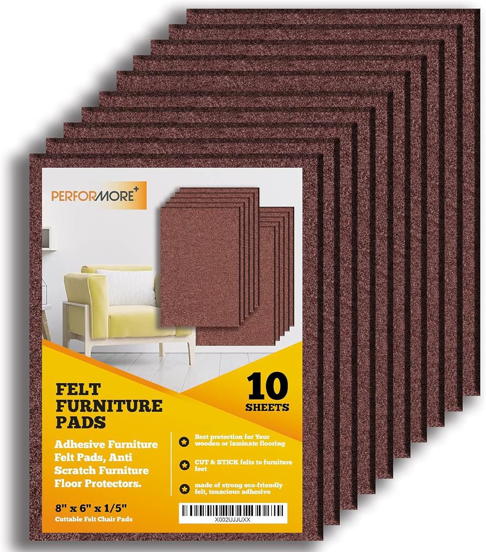 Performore Premium Furniture Felt Sheets Pad 10 Pack (Brown) 8" X 6" X 1/4" Sticky Felt with Adhesive Backing, Cut to Size for Floor ProtectionPrevents Scratches and Damage from Furniture.