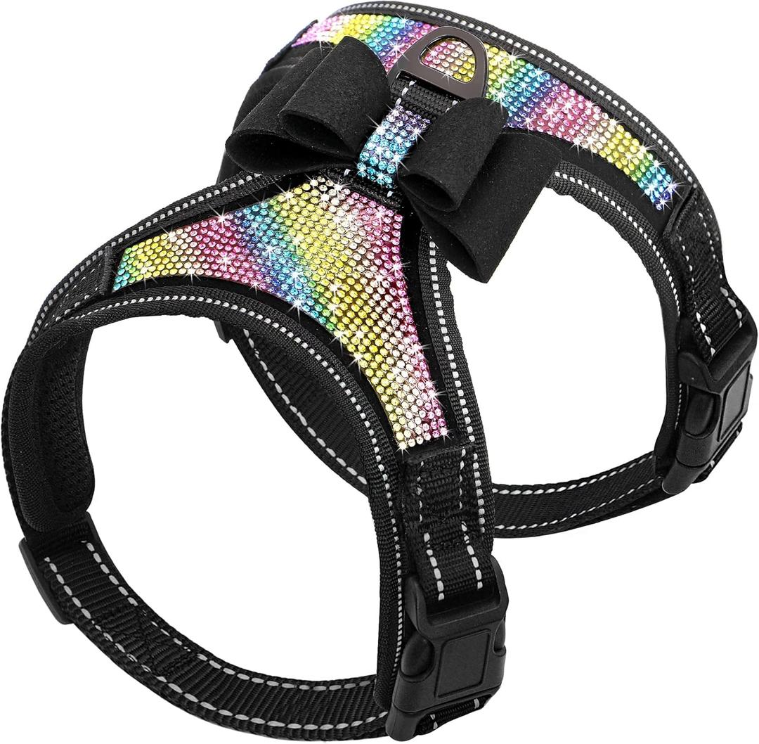 Beirui Rhinestone Dog Harness - Reflective Bling Nylon Dog Vest with Sparkly Bow Tie for Small Medium Large Dogs Walking,Wedding and Party,Black Colored Rhinestones,L:Chest 21-29" (L:Chest 21-29", Fit 16-35 lbs, Black-Colored Rhinestone)