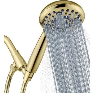 G-Promise Handheld Shower Head High Pressure 6 Spray Settings, Detachable Hand Held Showerhead 4.9 Inch Face with Extra Long Flexible Hose and Metal Adjustable Bracket (Polished Brass)
