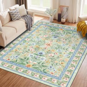 Washable Area Rug 5'7' Green Large Living Room Rug Dirty Pink Blue Floral Non-Slip Soft Boho Colorful Oriental Vintage Bedroom Carpet Dining Room Nursery Home Office Indoor Decor