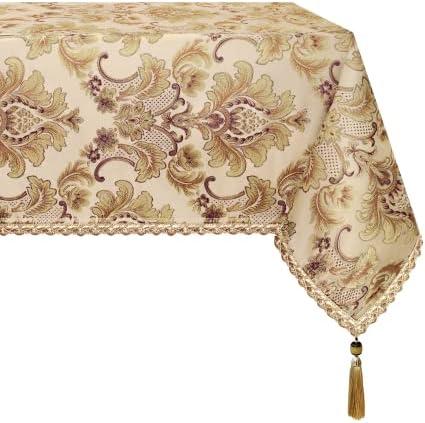 Loom and Mill Luxury Rectangle Tablecloth 60 x 120 Inches, Elegant Damask Golden Floral Waterproof Table Cover with Handmade Tassels for Dining Table Banquets Decorations(Beige, 60"x120")
