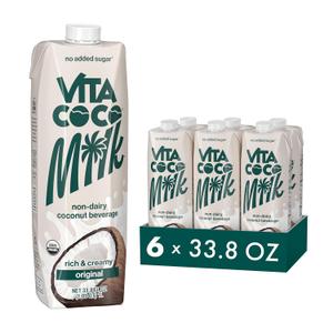 Vita Coco Original Organic Coconut Milk, Plant Based, Dairy Free Milk Alternative - Gluten Free, Soy Free, and Unsweetened, No Added Sugar - Perfect Add to Cereal, Smoothies, Desserts - 33.8 Ounce (Pack of 6) Best By 07/09/2026
