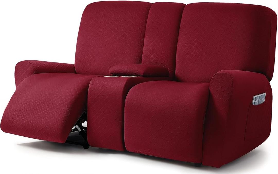 ULTICOR Squared Jacquard Design Reclining Loveseat with Middle Console Slipcover, 8-Piece Stretch Sofa Covers, 2 seat Loveseat Recliner Cover (Loveseat with Console Recliner Cover, Burgundy - Wine)
