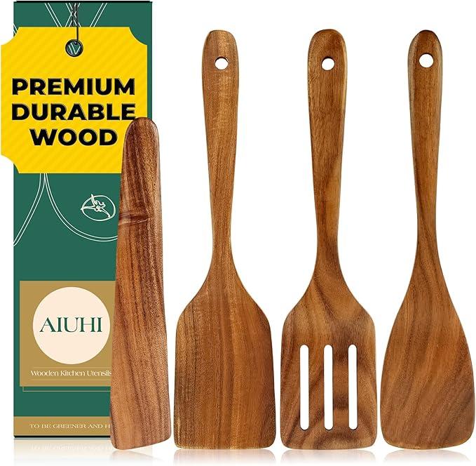 AIUHI Wooden Spatula for Cooking, 3Pcs Natural Teak Wood Turner Set for Nonstick Cookware, Wooden Cooking Utensil Set for Frying, Flipping, Scraping, and Turning