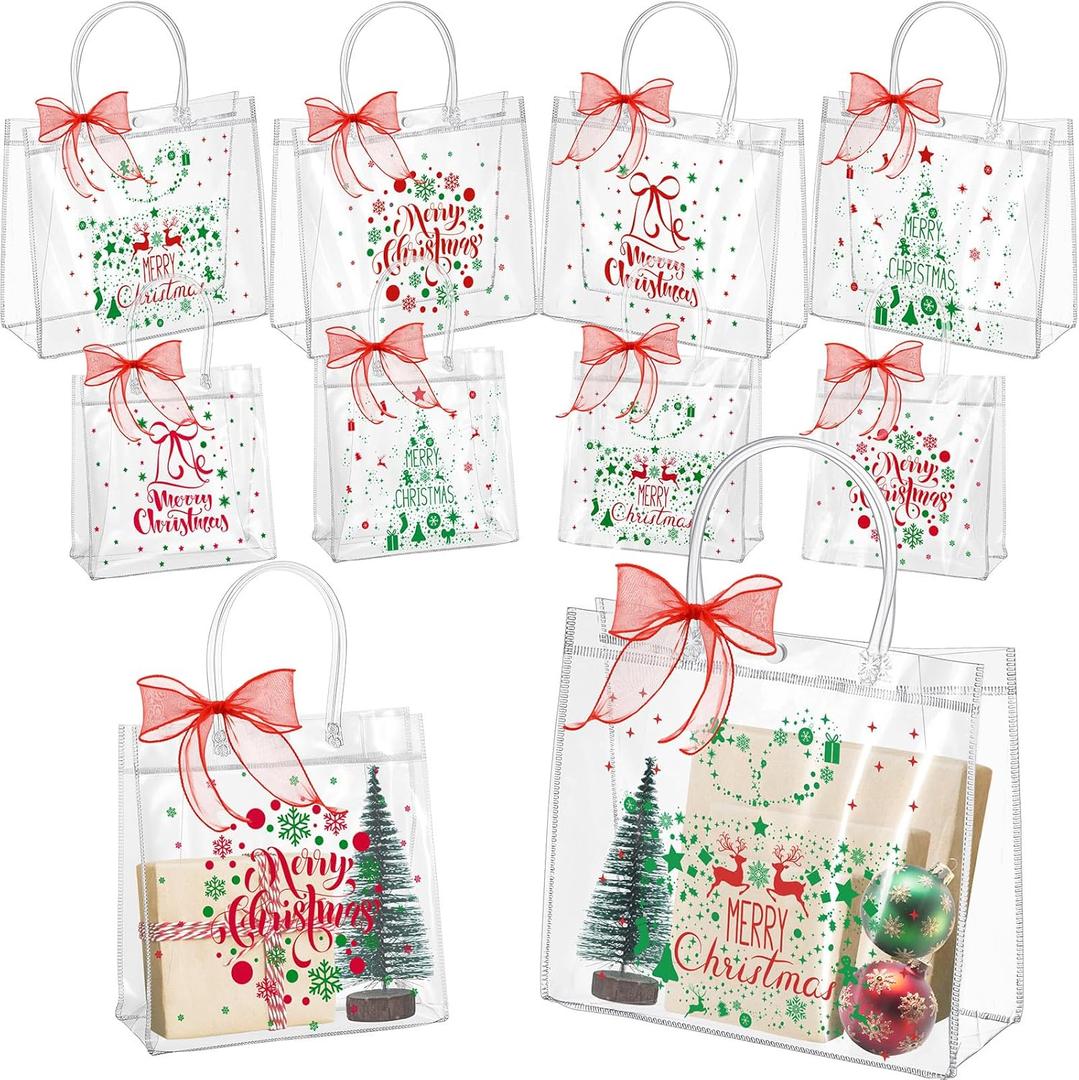 Henoyso 24 Pcs Red and Green Christmas Clear Gift Bags Plastic Goodie Candy Treat Bag with Handles PVC Gift Wrap Totes with Ribbon for Xmas Party Favors (7.8 x 7.8 x 3.1,12.6 x 9.8 x 6.7)