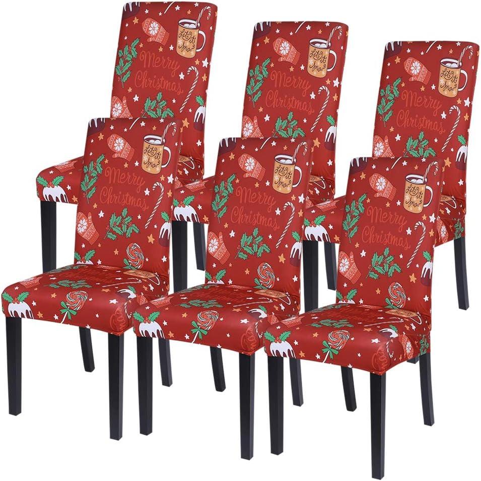 SearchI Christmas Dining Chair Covers Set of 6,Stretch Printed Kitchen Chair Cover Washable Spandex Xmas Parsons Chair Protector Slipcovers for Christmas Decoration,Holiday Party(Xmas Red)