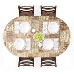UMINEUX Oval Fitted Vinyl Tablecloth with Elastic Edged & Flannel Backing, Waterproof Wipeable Oval Table Cover - Fits Tables up to 42"X68" (Wicker)