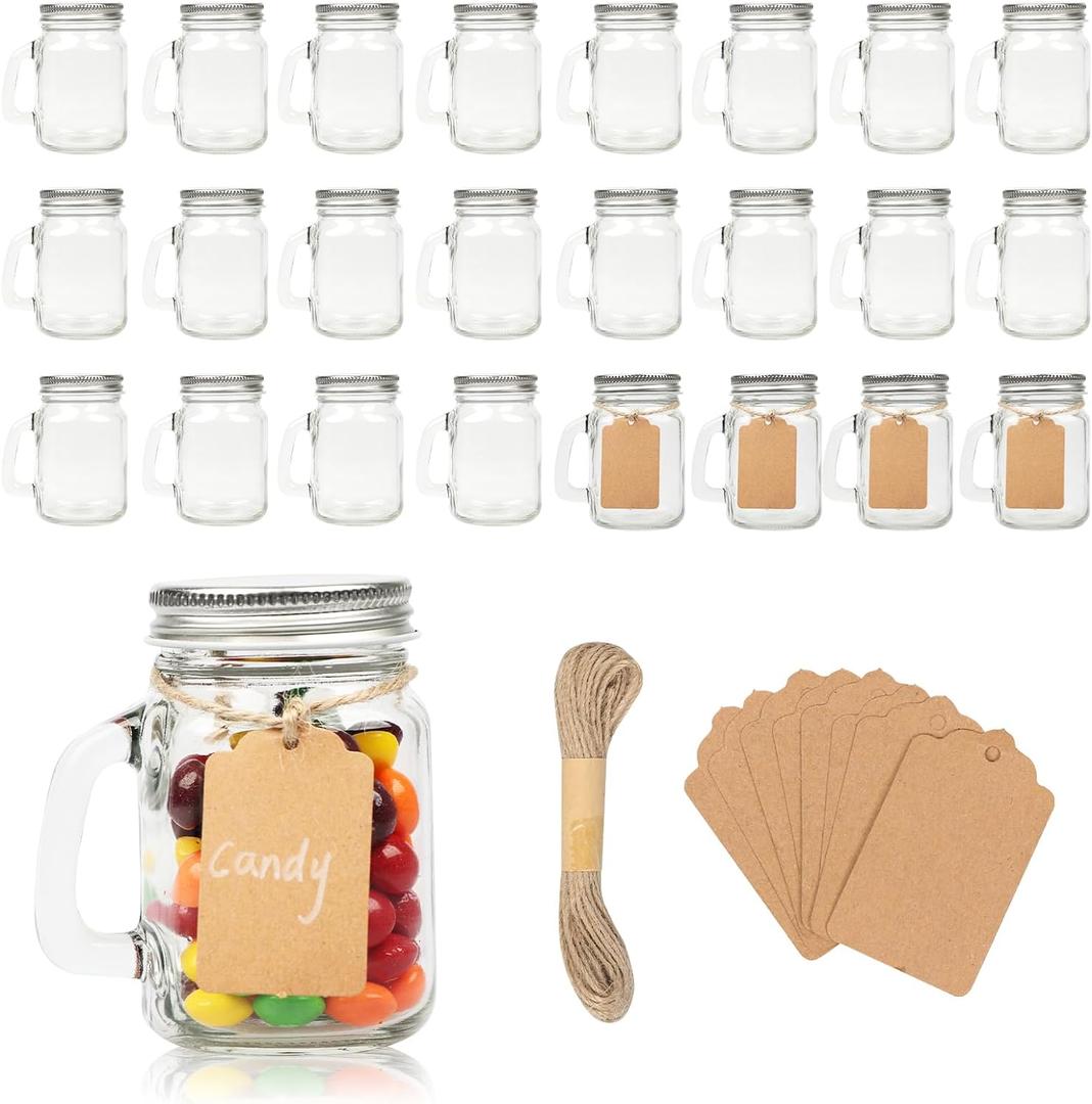 4 oz Small Mason Jar Mugs with Handle, 24 Pack Mini Glass Jars with Airtight Metal Lids, Empty Glass Mugs with Kraft Paper Gift Tag for Party Wedding Favor
