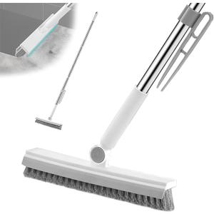 Floor Scrubbing Brush with 57" Adjustable Long Handle,3 in 1 Living Grout Brush with Squeegee,V-Shape Stiff Brush Bristle,Heavy Duty Bathroom Cleaning Brush for Tile,Deck,Patio,Wall,Garage,Kitchen
