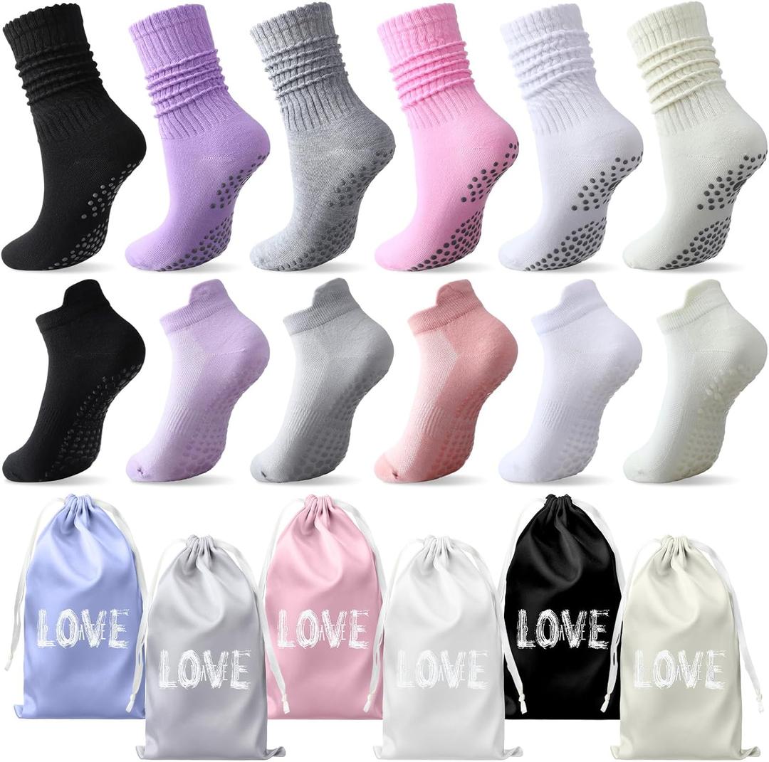 12 Pairs Pilates Socks for Women Non Slip Yoga Grip Socks with 6 Drawstring Bag for Yoga Ballet Barefoot Barre Dance