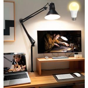 LED Desk Lamp With Clamp for Home Office, Eye-Caring Clip on Light with Adjustable Extra Tall Metal Swing Arm, High Intensity Clamp w/A19 E26 Bulb for Working Reading, 3000k Table Lamps Warm Light (Black)