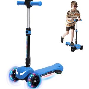 3 Wheel Electric Scooter for Kids, Electric Kick Scooters with Powerful Motor, 21V Battery, Thumb Throttle, 5mph Safe Speed, LCD Screen, Light Up Stem Deck & Wheels, Blue