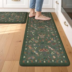 LEEVAN Anti Fatigue Mats for Kitchen Floor Non-Slip, Cushioned Kitchen Mats for Floor 2 Piece, Green Memory Foam Kitchen Mat Set, Waterproof Ergonomic Standing Mat for Bar, Office,Desk, Laundry (17.3"x29"+17.3"x47"-0.47inch)