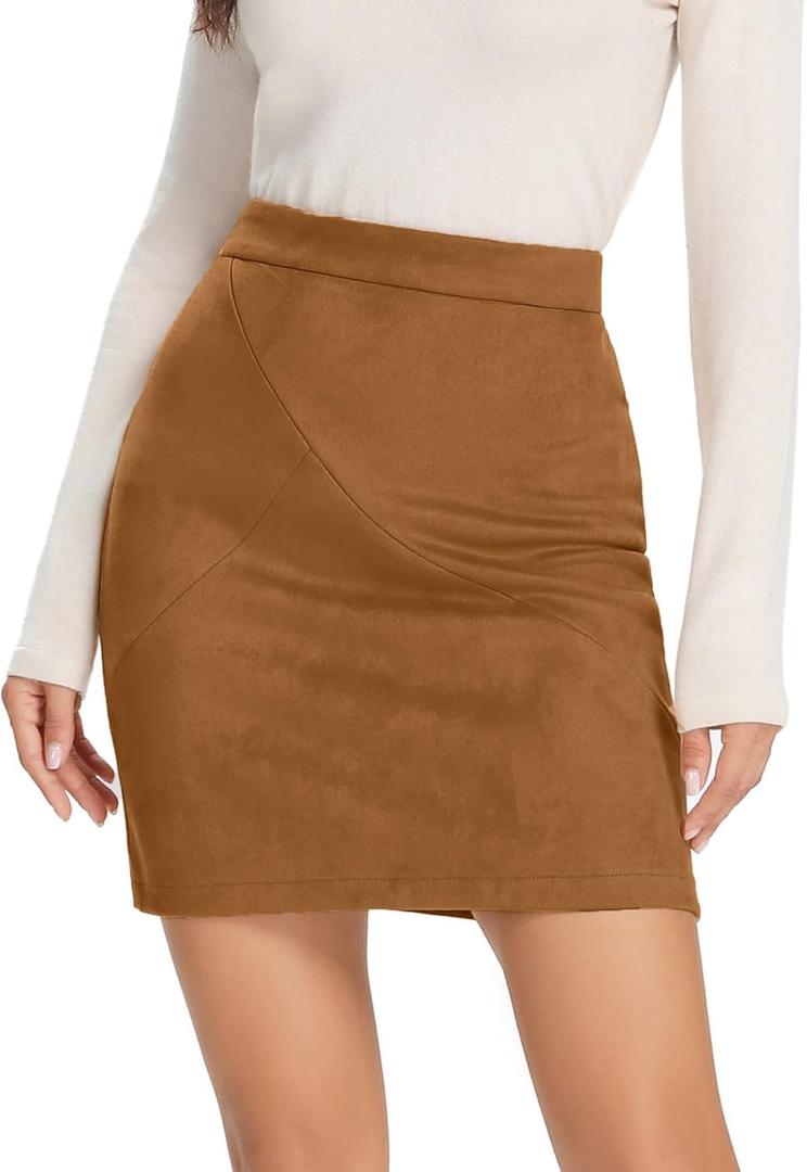 Simplee Women's High Waist Faux Suede Mini Bodycon Skirt (4-6, Brown)