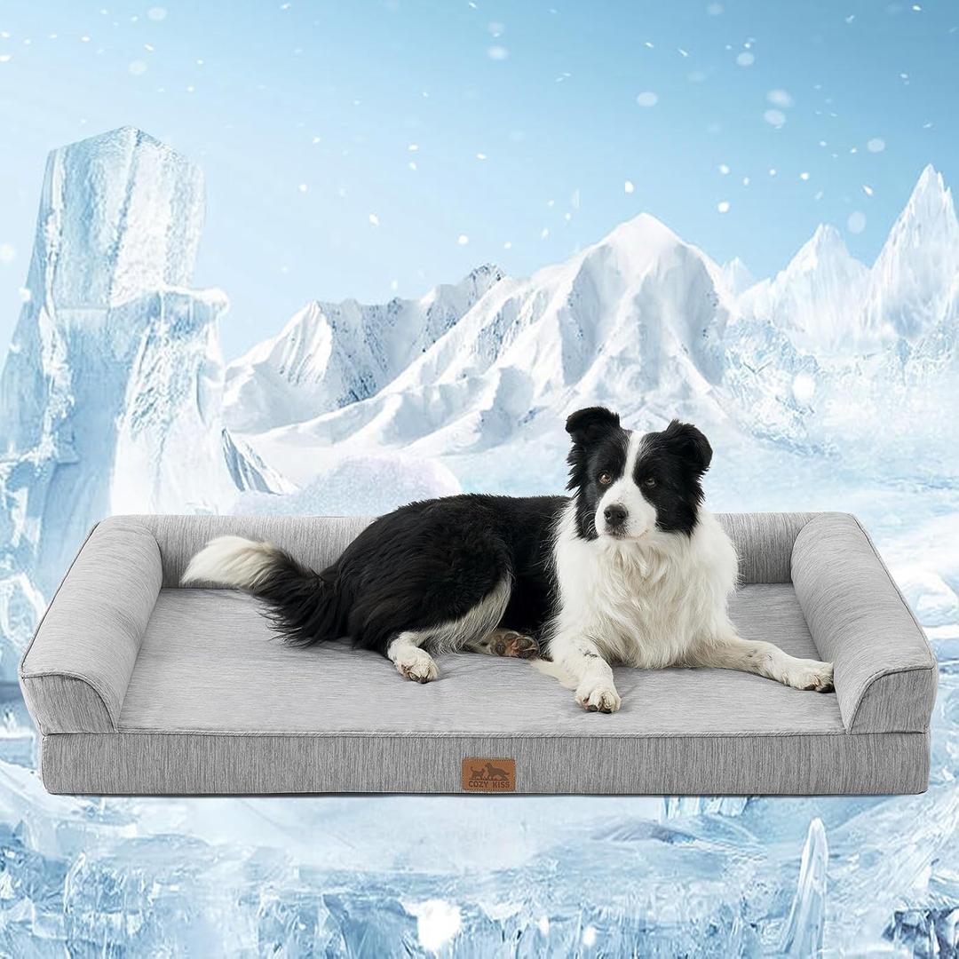 COZY KISS Cooling Dog Bed for Summer, Orthopedic Foam Dog Bed with Sides, Removable Washable Cover & Waterproof Lining, Q-Max >0.4 Cool Pet Beds for Extra Large Dogs, Grey (48" L x 32" W x 7.5" Th)