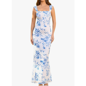 EYNMIN Women's Summer Floral Maxi Dress Square Neck Sleeveless Mesh Bodycon Long Wedding Guest Dresses M