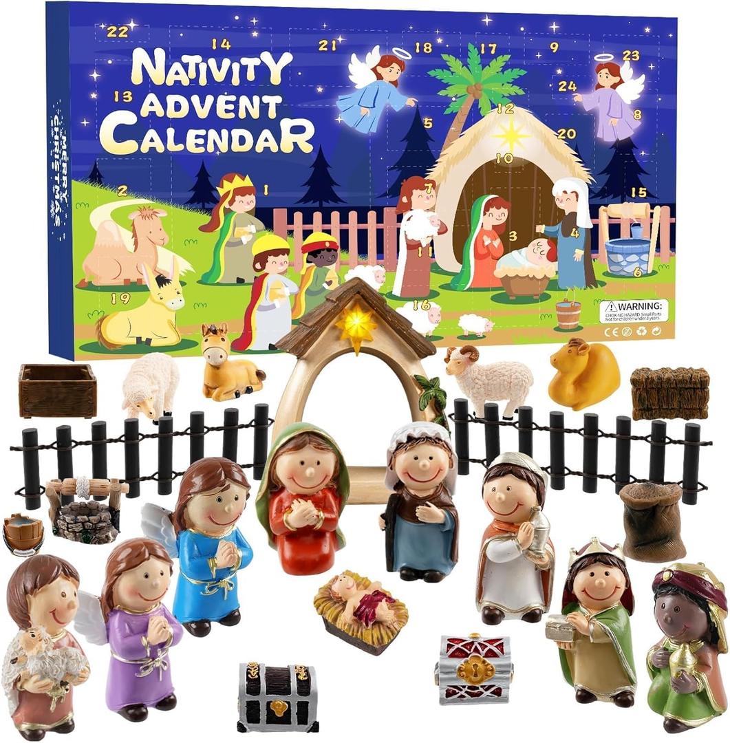 Nativity Advent Calendar 2025 Kids-24 Days of Nativity Scene Christmas Countdown Calendar with Led Light Christian Religious Gifts for Kids Boys Girls