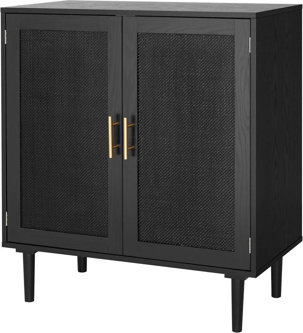 Finnhomy Sideboard Buffet Kitchen Storage Cabinet with Black Painted Rattan Decorated Doors, Dining Room, Hallway, Cupboard Console Table, Liquor/Accent Cabinet, 31.5X 15.8X 34.6 Inches, Black