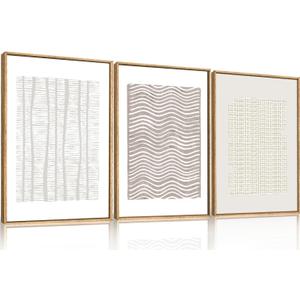 Large Abstract White and Beige Framed Canvas Wall Art,Geometric Dot and Line Wall Decor,Modern Wave Lines Artwork,Neutral Minimalist Shapes Art Print for Living Room,Bedroom,Office- 16"x24"x3