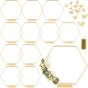 12 Pack Hexagonal Floral Hoops with Stand 12 Inch Metal Rings for DIY Centerpiece Table Decorations Crafts Macrame Ring Hoops Dream Catcher Rings Wedding Birthday Wreath Craft Hoops with Holder, Gold