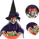 JOYIN Halloween Candy Bowl Dish Witch Decorations Indoor, Haunted House Home Decor Animatronics Animated LED Lights Eyes, Creepy Scary Sound Activated Trick Or Treat, 10.2 x 9.8 x 15.7