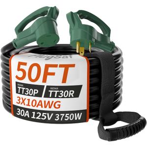 PlugSaf 50 FT 30 Amp RV Extension Cord Outdoor with Grip Handle, Flexible Heavy Duty 10/3 Gauge STW RV Power Cord Waterproof with Cable Organizer, NEMA TT-30P to TT-30R, Black-Green, ETL Listed