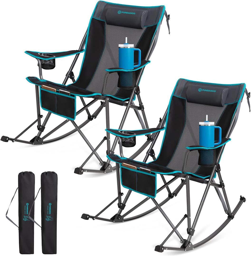 FUNDANGO Oversized Rocking Camping Chair for Adults, 2 Pack Portable Folding Lawn Chairs for Outside with Pillows, Wide Armrest, 2 Cup Holders, Carry Bag for Patio Garden Outdoor Supports 400Lbs, 32.3 inches x 40.6 inches x 38.2 inches