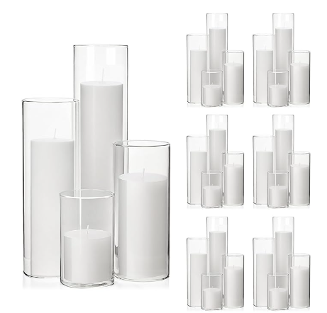 Shihanee Set of 24 White Pillar Candles and Glass Cylinder Vases 4 Sizes Clear Cylinder Candle Holders for Pillar Candles Home Table Centerpieces Decoration (2.6'' X 3.9'',5.9'',7.9'',9.8'')